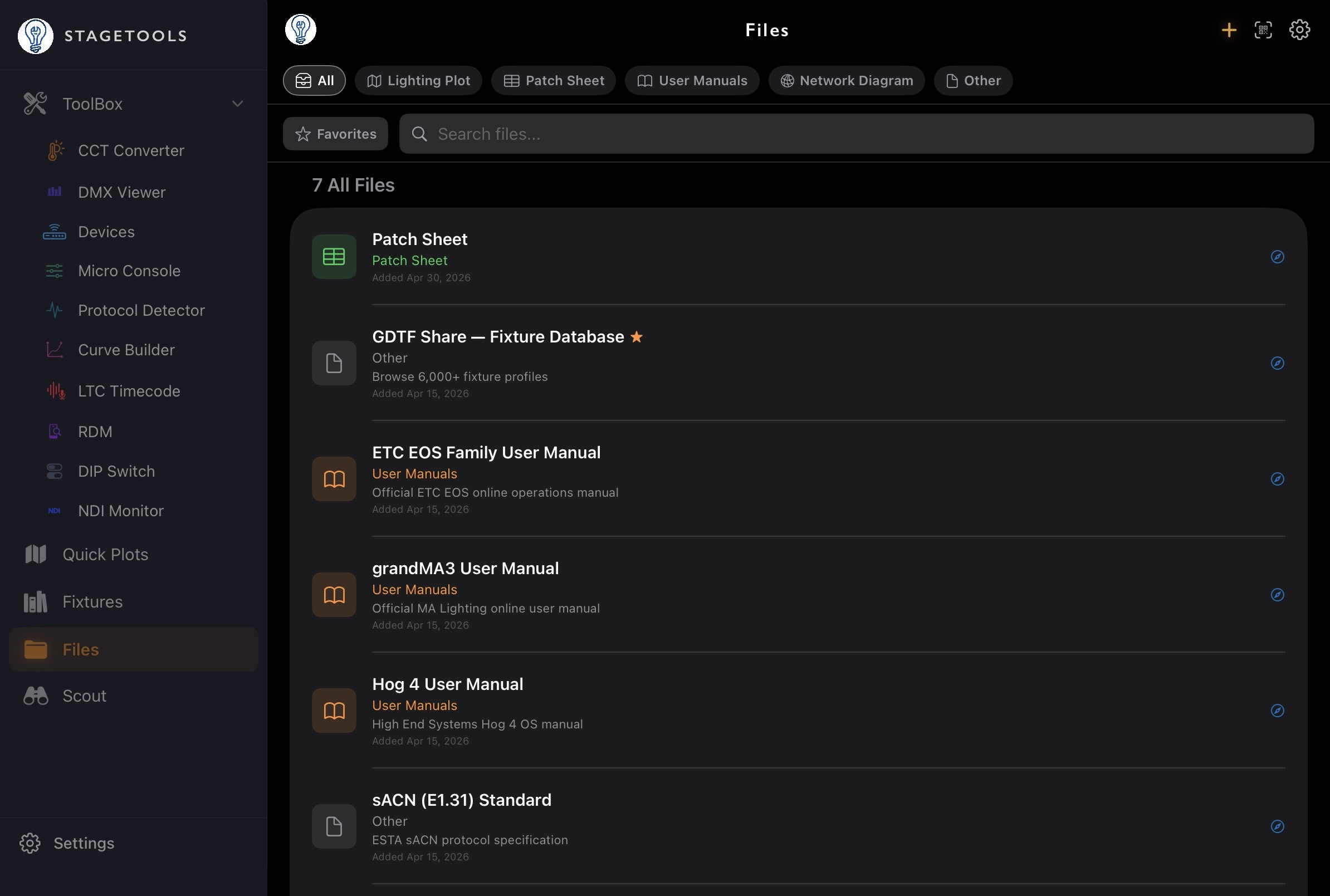 Files on iPad, folder list with patch sheet, GDTF Share, console manuals and reference bookmarks
