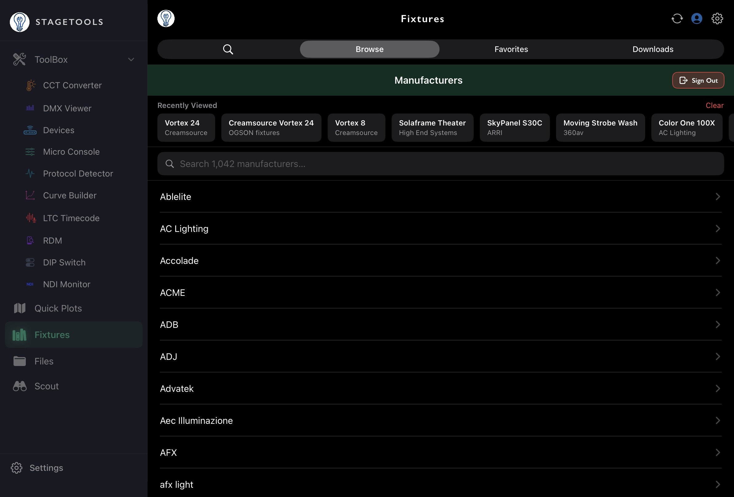 Fixtures on iPad, GDTF Share manufacturer browser with recently viewed fixtures