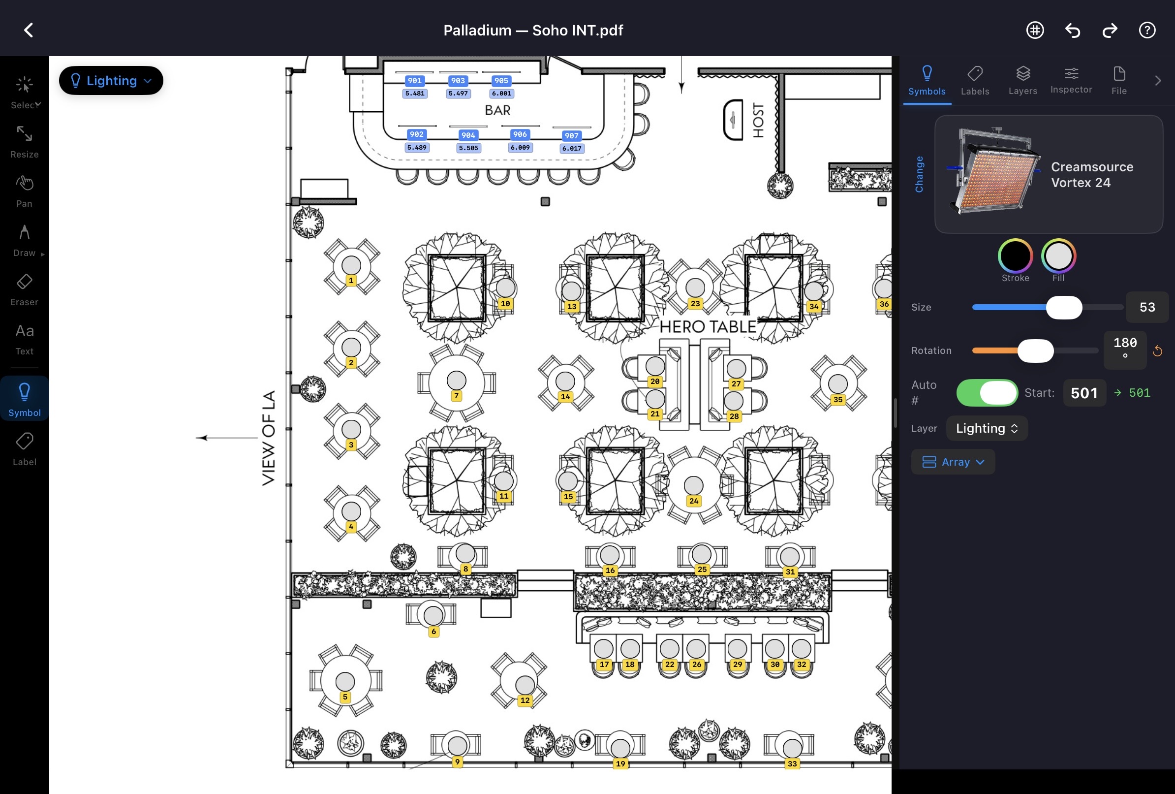 Quick Plots on iPad, lighting plot in progress with symbols and a venue background