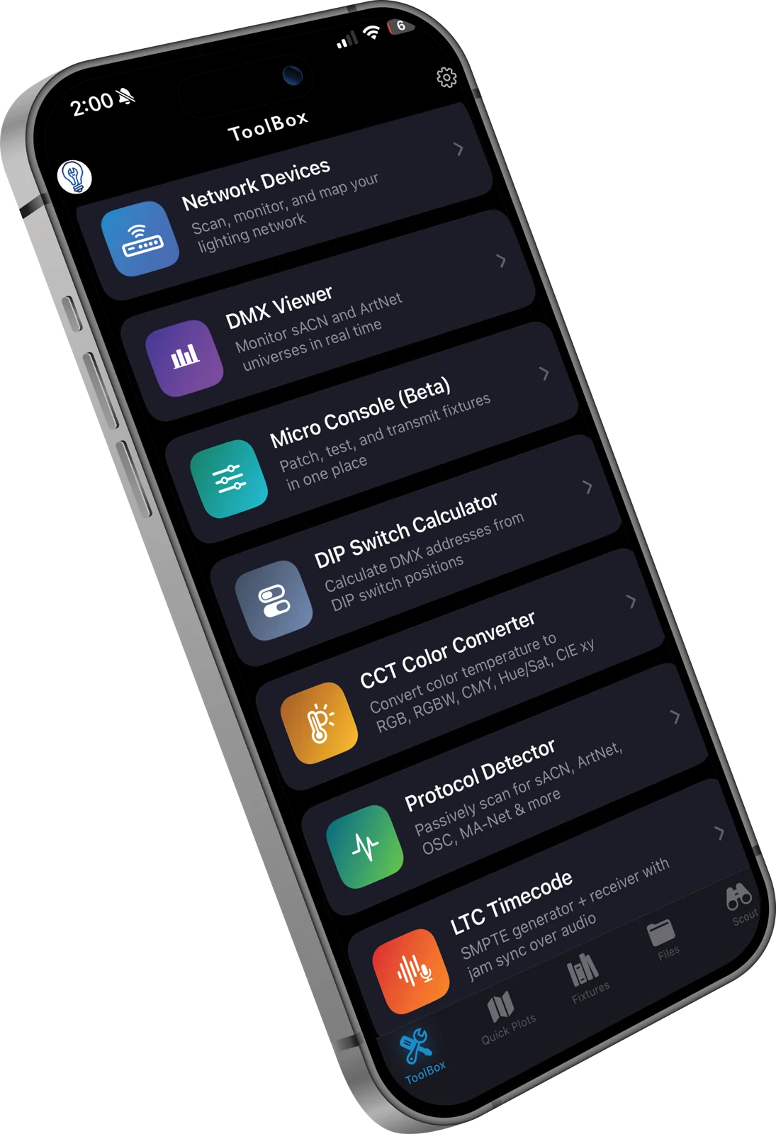 The StageTools Toolbox list on iPhone